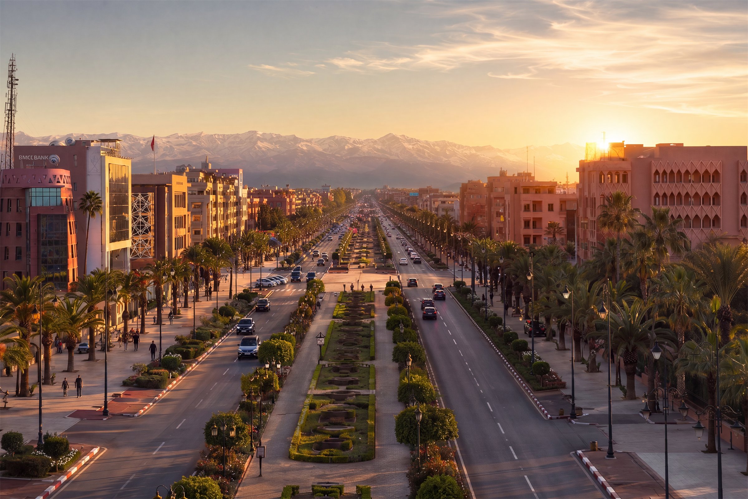 Aerial view of Avenue Mohammed VI at sunset with the Atlas mountains beyond