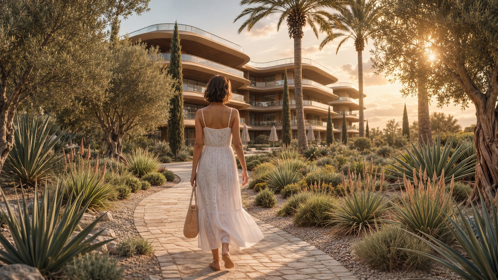 A woman walking a garden path towards the residences at golden hour