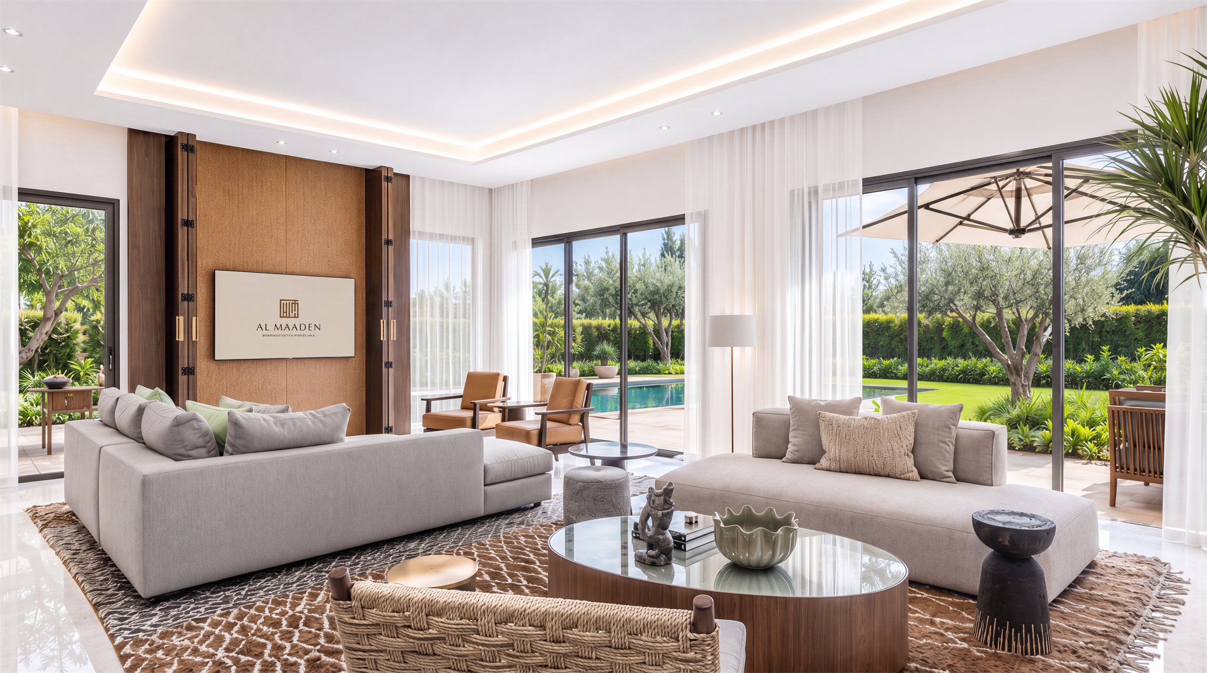 Living room of an Al Maaden residence opening onto the pool