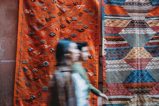 Hand-woven Moroccan textiles in a souk