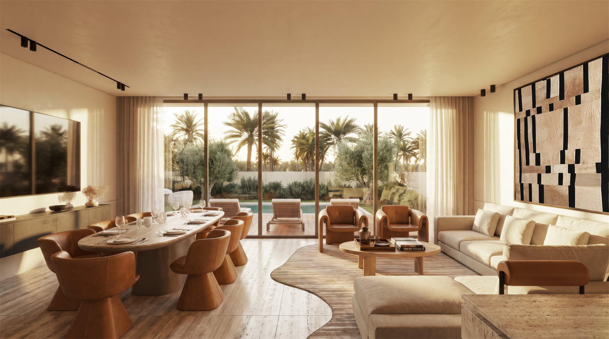 Open-plan living and dining room looking onto palms and a pool