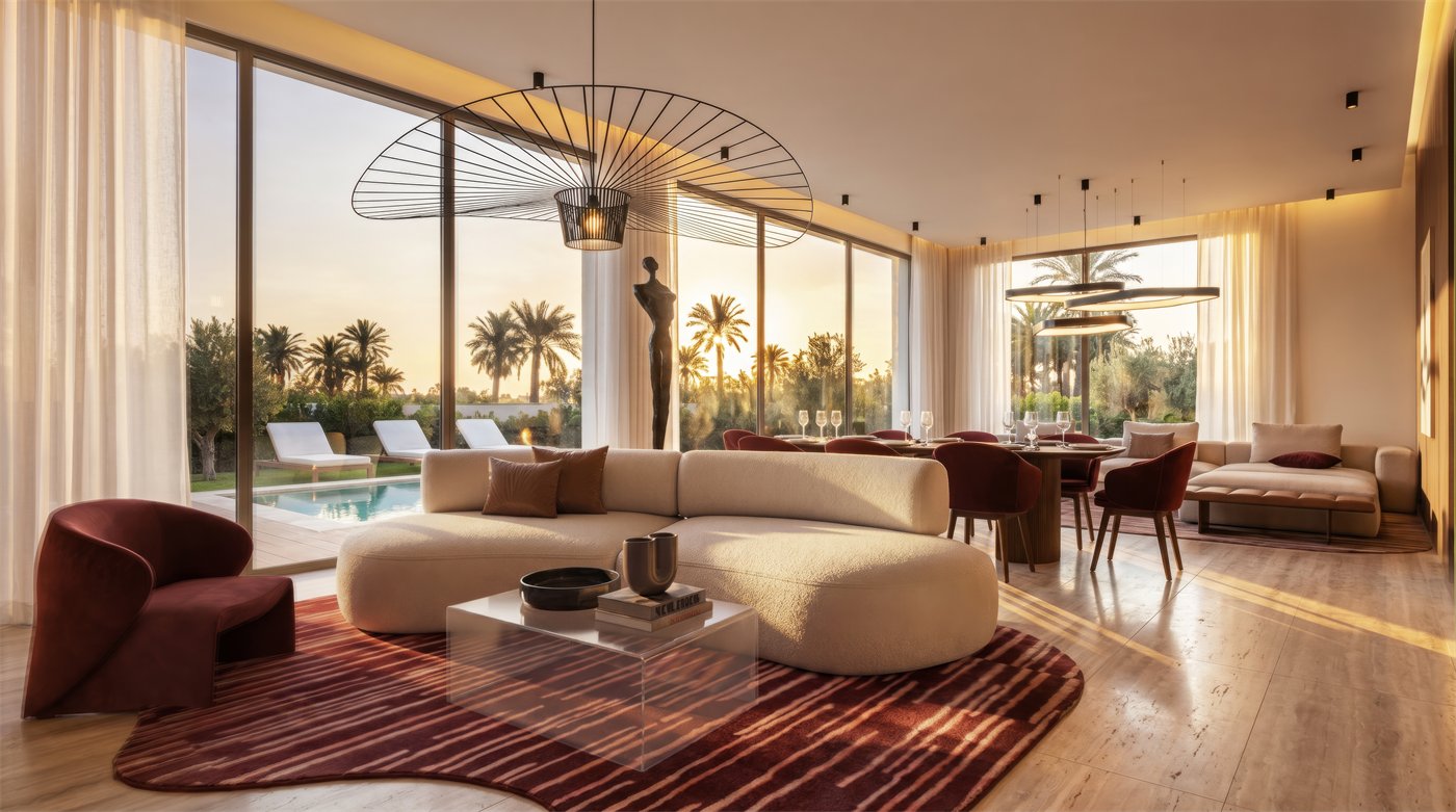 Apartment living room with sculptural pendant light and pool view